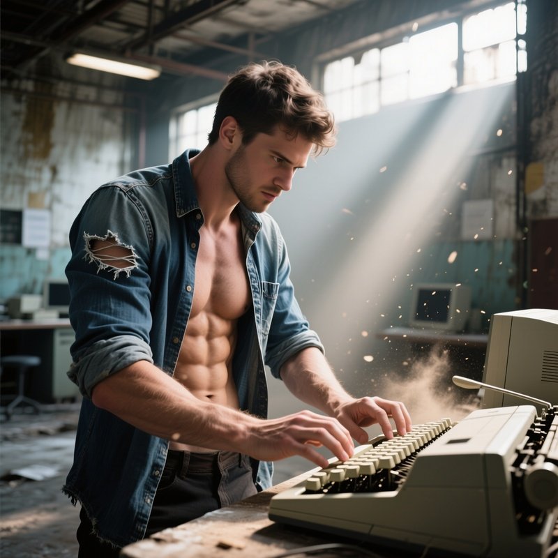 An Abandoned Factory Turned Startup Hub, A Ripped Man In A Distressed Denim Shirt Rolling Up