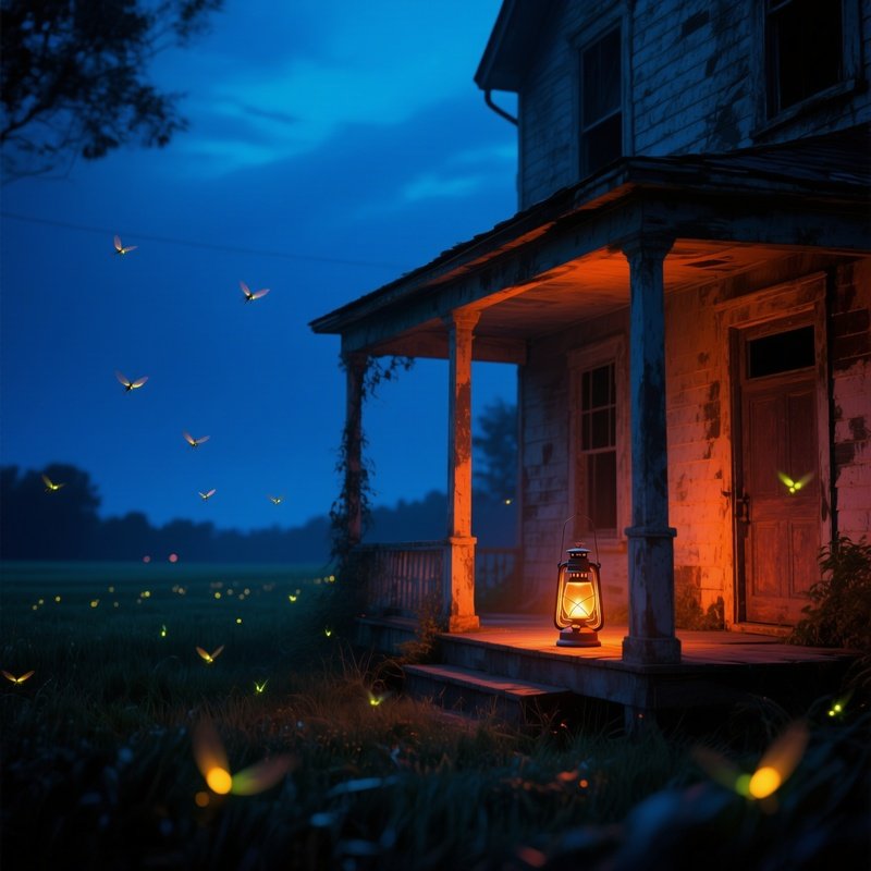 An Abandoned Farmhouse Porch Illuminated By A Lone Lantern, Its Warm Orange Glow Contrasting With