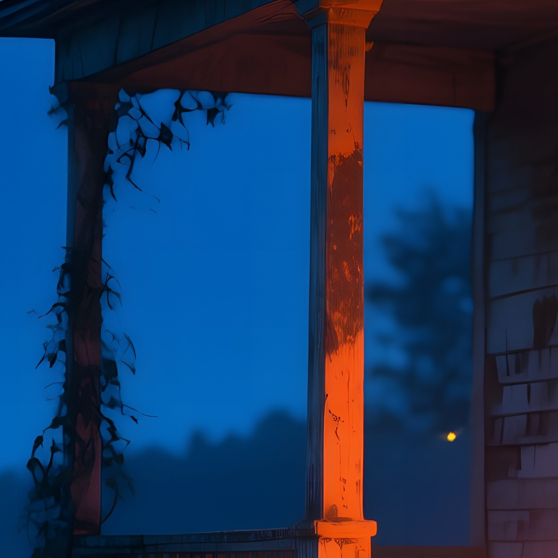 An Abandoned Farmhouse Porch Illuminated By A Lone Lantern, Its Warm Orange Glow Contrasting With - Full Resolution Quality Preview
