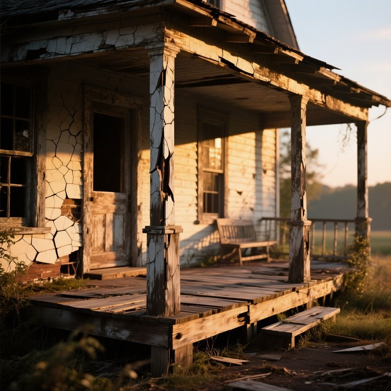 An Abandoned Farmhouse Porch With Sagging Pine Boards, Their Surfaces Cracked And Splintered,