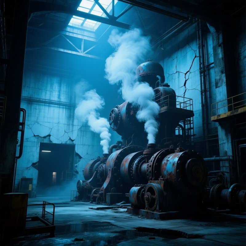 An Abandoned Industrial Factory Interior Bathed In Cold Blue Light, Massive Rusted Machinery