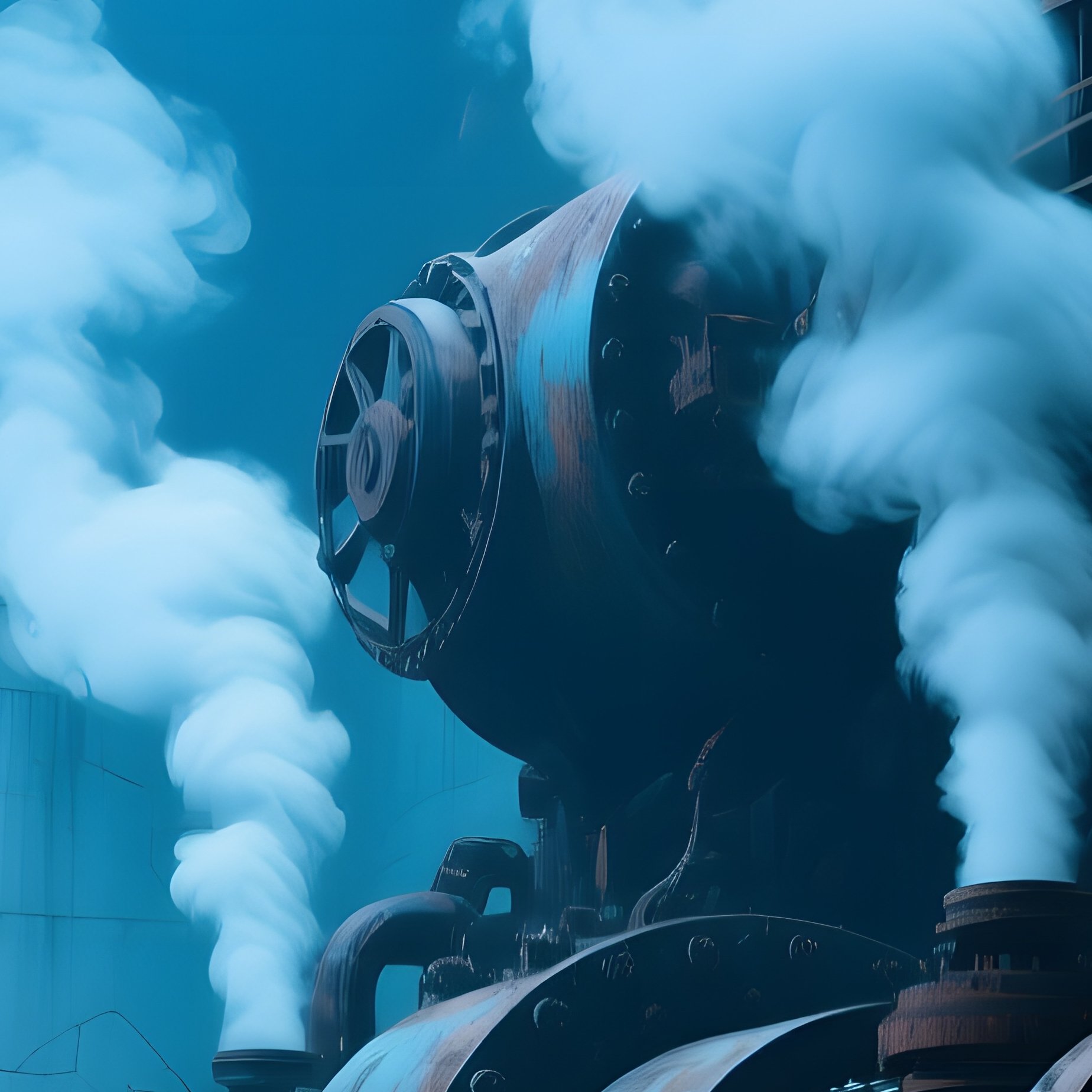 An Abandoned Industrial Factory Interior Bathed In Cold Blue Light, Massive Rusted Machinery - Full Resolution Quality Preview