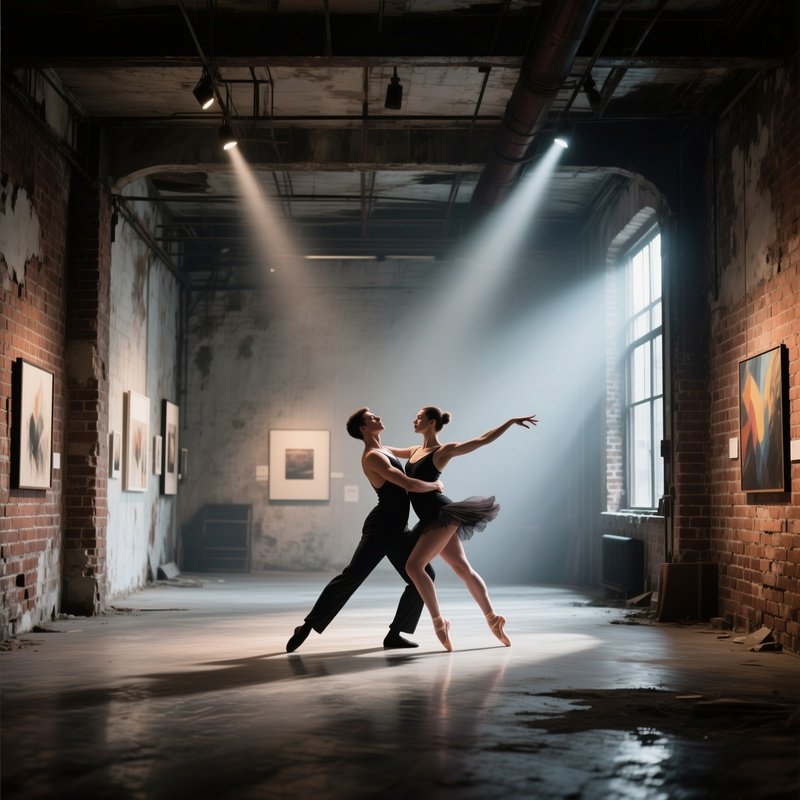An Abandoned Industrial Loft Transformed Into An Art Gallery, Where Two Dancers Perform