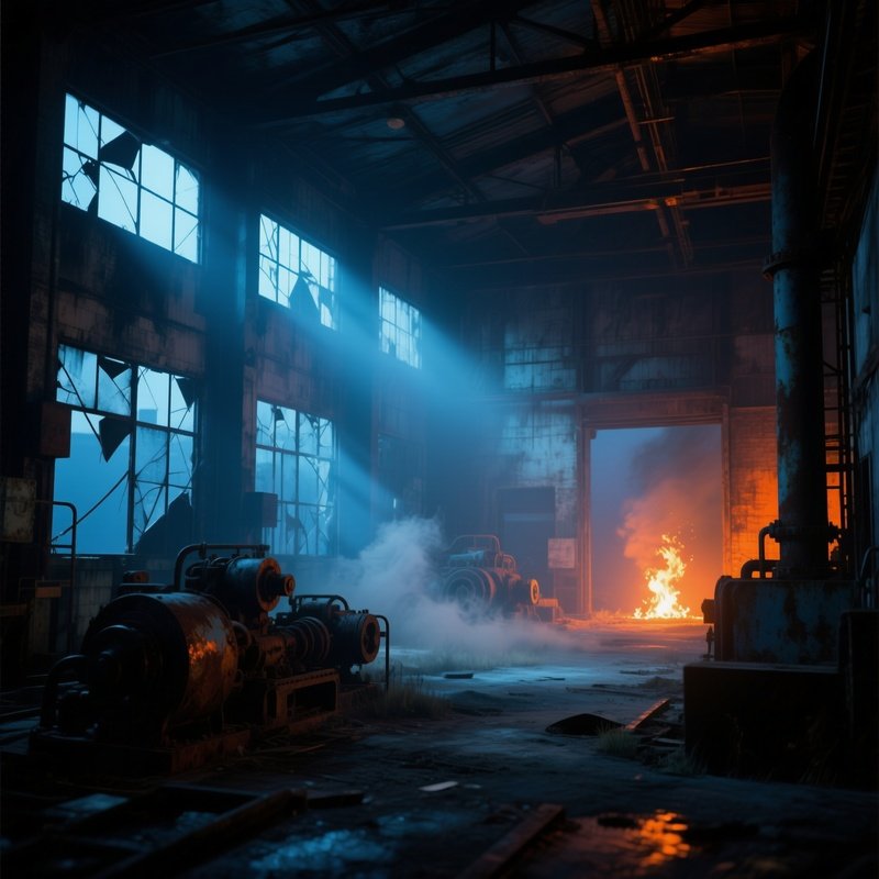 An Abandoned Industrial Warehouse At Twilight, Broken Windows Letting In Shafts Of Cold Blue Light