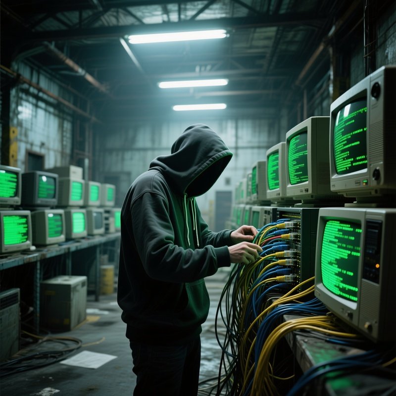 An Abandoned Industrial Warehouse Bathed In Harsh Overhead Fluorescents, Rows Of Old Crt Monitors