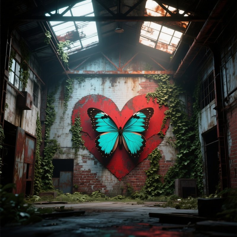 An Abandoned Industrial Warehouse Lit By Filtered Skylights, Where Rust‑Red And Teal Butterflies