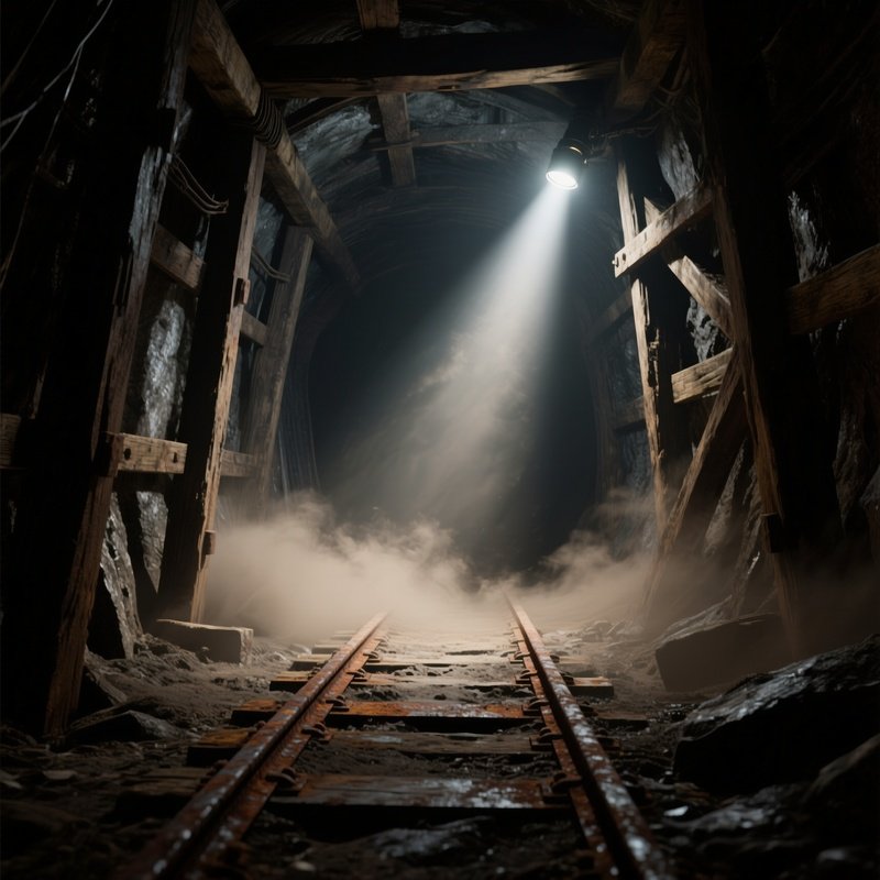 An Abandoned Mining Shaft Entrance Illuminated By A Single Headlamp Beam Cutting Through Thick