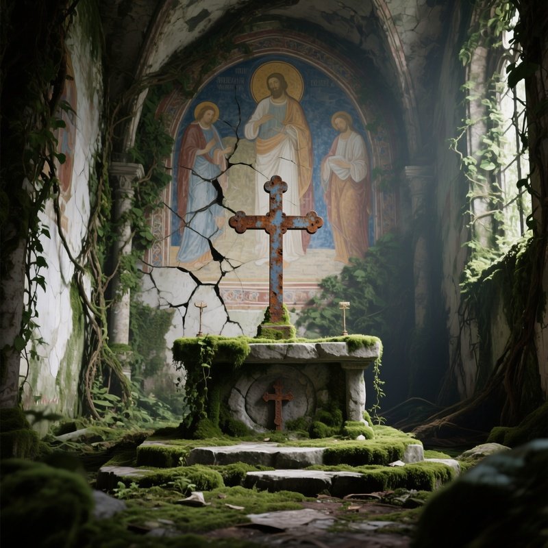 An Abandoned Monastery Altar Reclaimed By Nature, Vines Crawling Over Cracked Frescoes, A