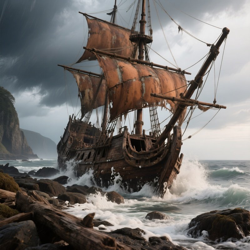 An Abandoned Pirate Shipwreck On A Rocky Coast, Timbers And Sails Rendered In Weathered Brown Clay,