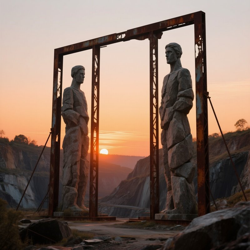An Abandoned Quarry Turned Art Installation, Where Rusted Metal Frames Support Towering Stone