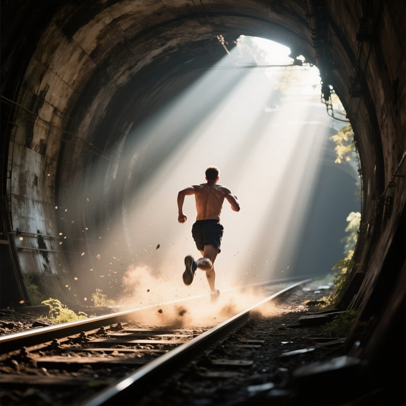 An Abandoned Railway Tunnel Illuminated By Shafts Of Sunlight, A Naked Runner Sprinting Forward,