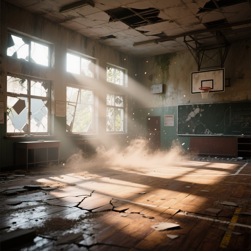 An Abandoned School Gymnasium With Broken Windows Letting In Shafts Of Midday Sun That Illuminate