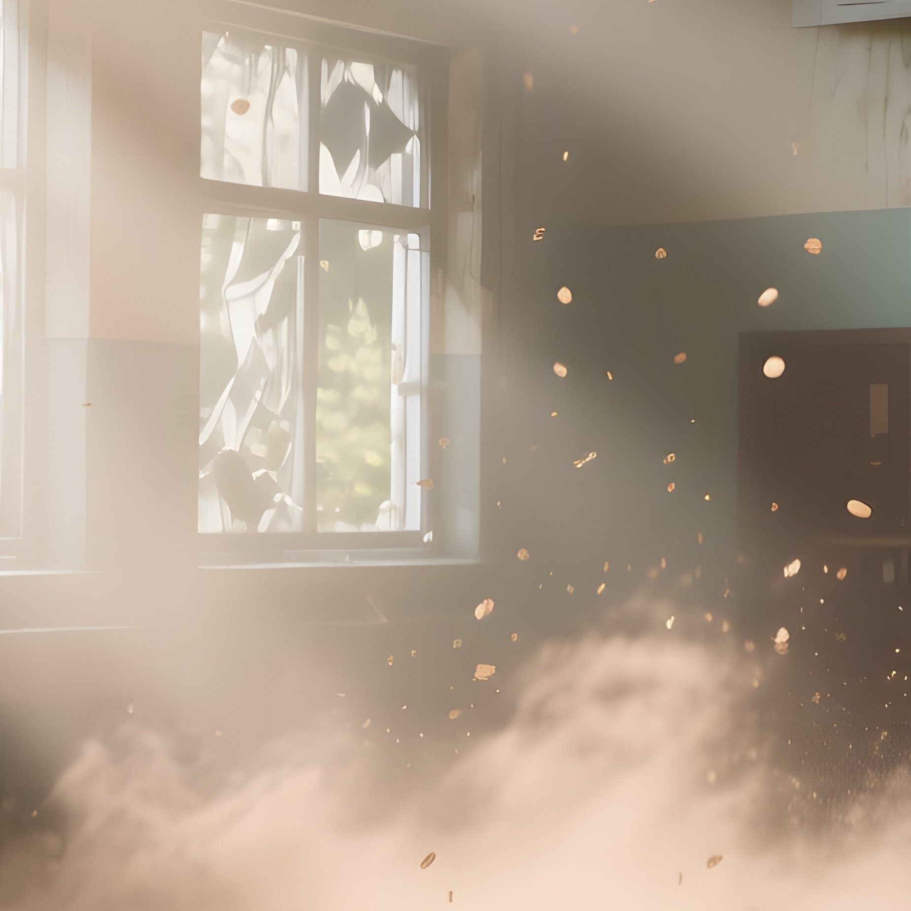 An Abandoned School Gymnasium With Broken Windows Letting In Shafts Of Midday Sun That Illuminate - Full Resolution Quality Preview