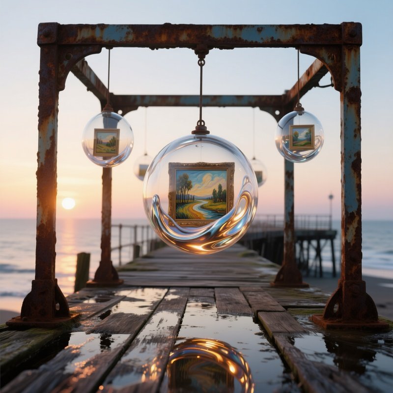 An Abandoned Seaside Pier At Sunrise, Where Rusted Metal Frames Support Glass Orbs Containing