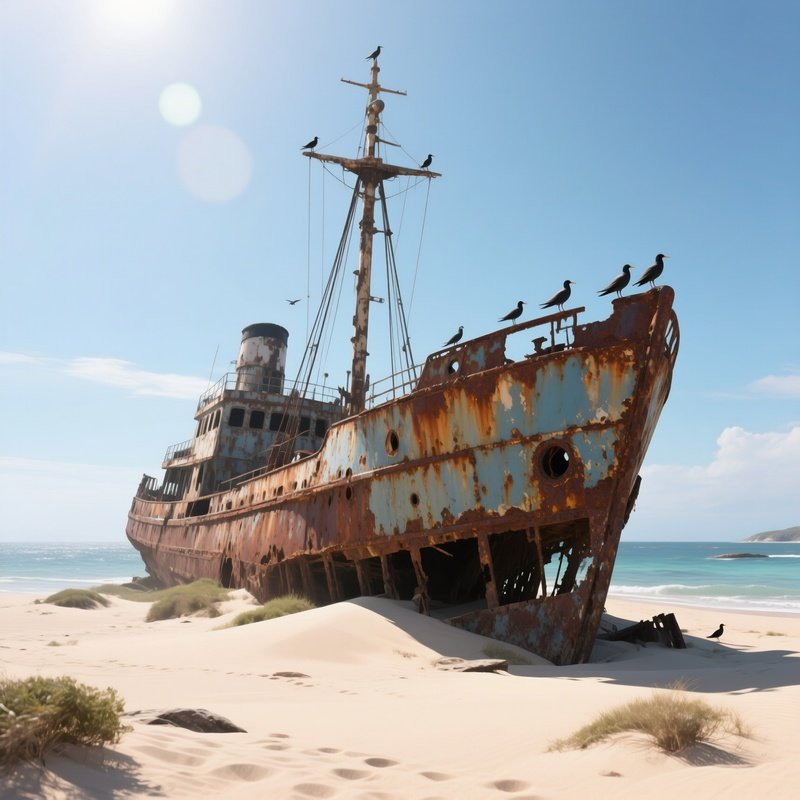 An Abandoned Shipwreck Half‑Buried In Sand On A Remote Island, Rusted Hull Glinting In The Harsh