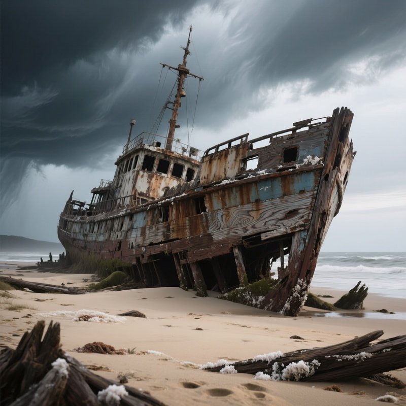 An Abandoned Shipwreck On A Sandy Shore, Its Hull Made Of Weathered Cedar Showing Grain Patterns