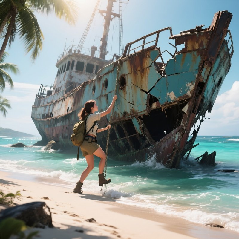 An Abandoned Shipwreck On A Tropical Beach, A Female Explorer Climbing The Broken Hull, Sunlight