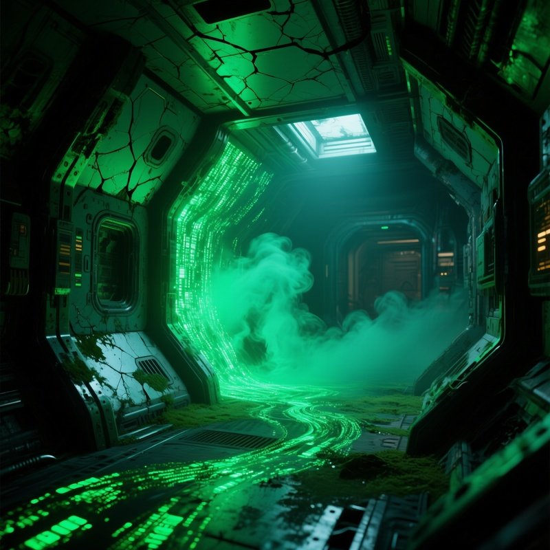 An Abandoned Spaceship Interior Bathed In Eerie Green Glow, Hull Plates Cracked And Leaking Streams