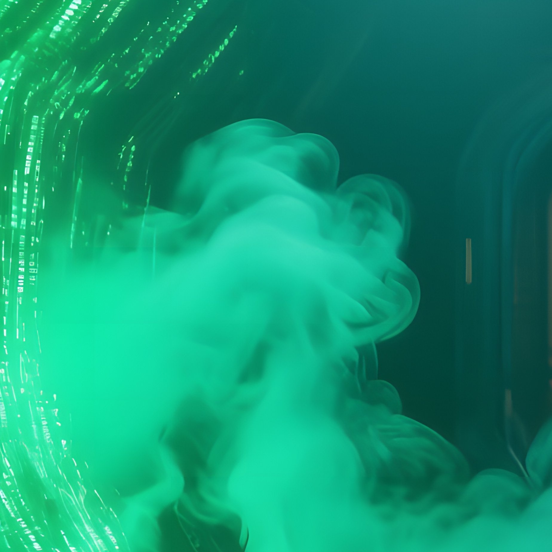 An Abandoned Spaceship Interior Bathed In Eerie Green Glow, Hull Plates Cracked And Leaking Streams - Full Resolution Quality Preview