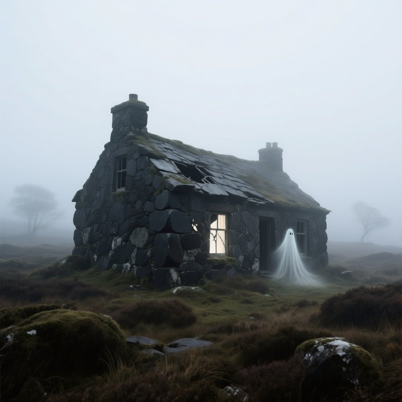 An Abandoned Stone Cottage Of Dark Basalt Sits In A Foggy Moorland, Broken Windows Reflecting Pale
