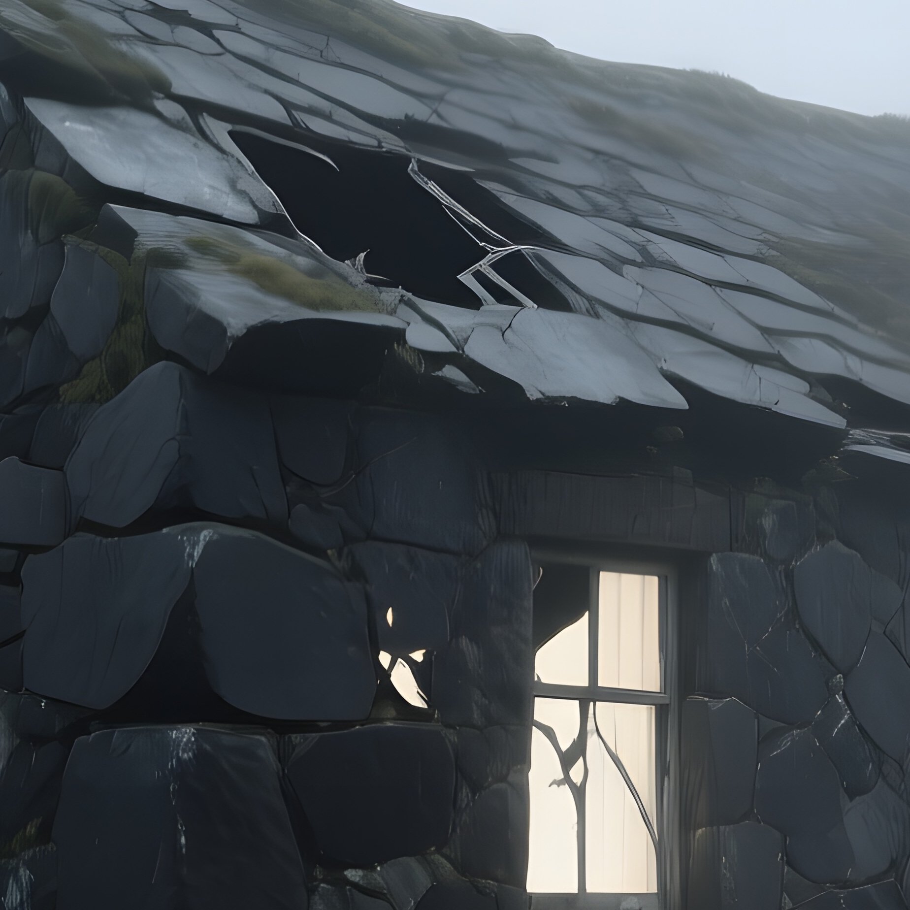 An Abandoned Stone Cottage Of Dark Basalt Sits In A Foggy Moorland, Broken Windows Reflecting Pale - Full Resolution Quality Preview
