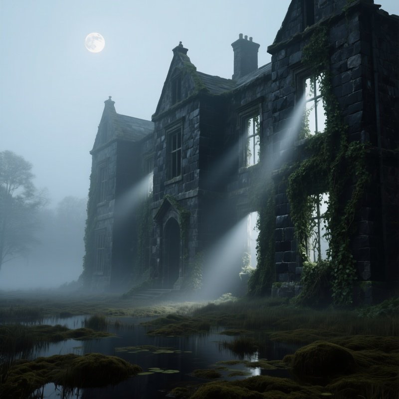 An Abandoned Stone Manor Of Dark Basalt Blocks Looms In A Foggy Peat Bog, Ivy Strangling Its