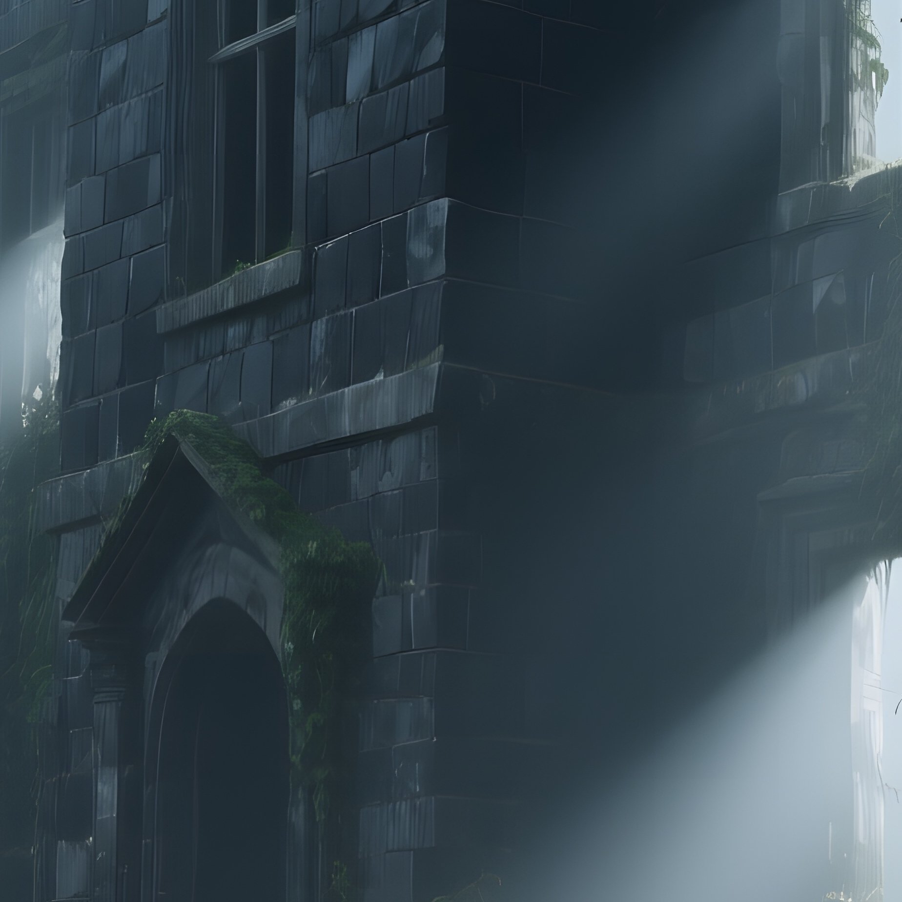 An Abandoned Stone Manor Of Dark Basalt Blocks Looms In A Foggy Peat Bog, Ivy Strangling Its - Full Resolution Quality Preview