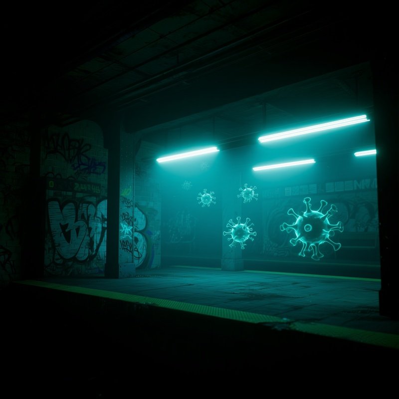 An Abandoned Subway Station At Night, Graffiti Covered Walls Illuminated By Flickering Fluorescent