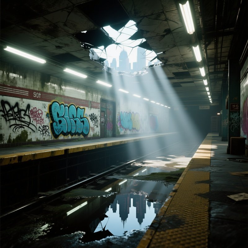 An Abandoned Subway Station Bathed In Harsh Fluorescent Glare, Graffiti Fading Into The Walls As