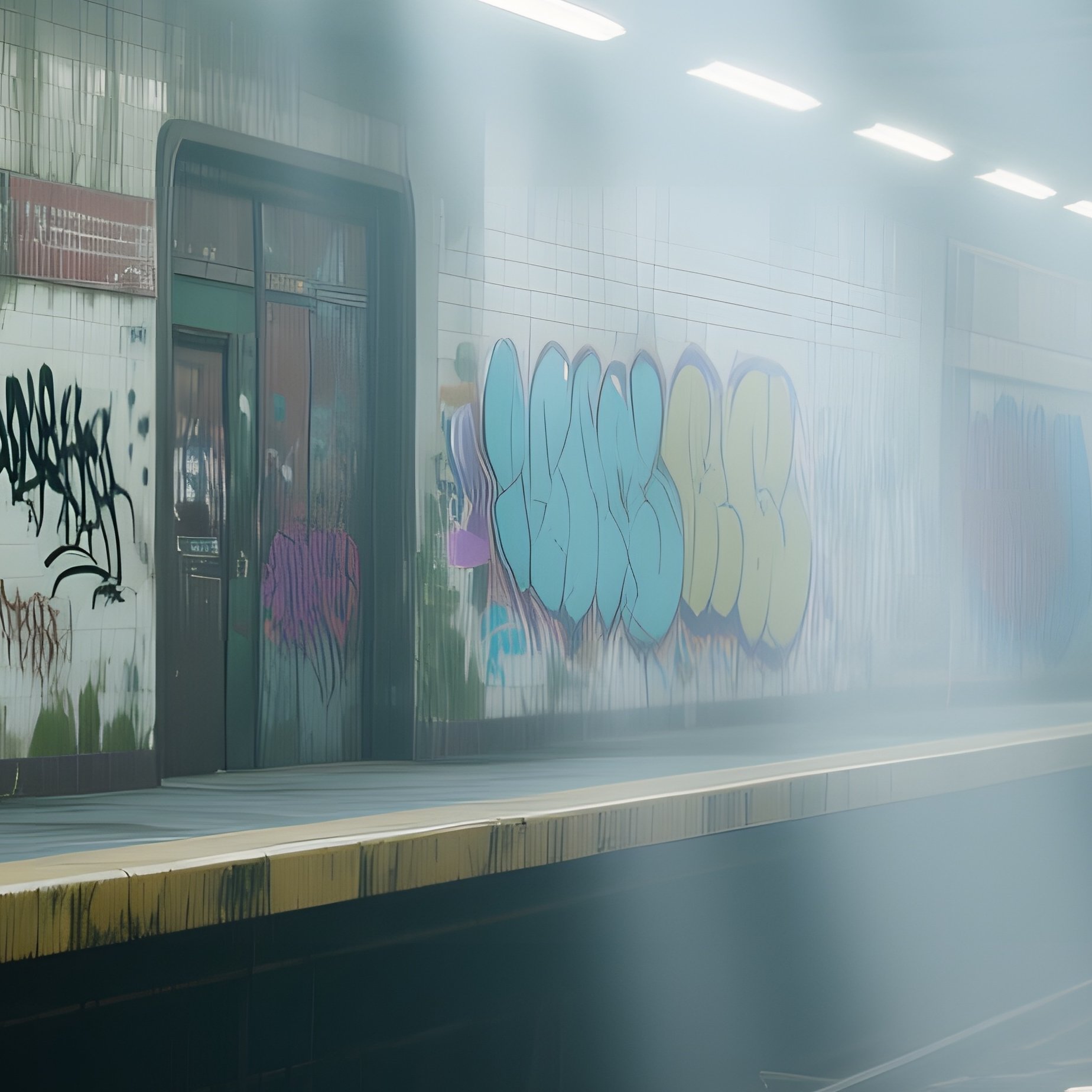 An Abandoned Subway Station Bathed In Harsh Fluorescent Glare, Graffiti Fading Into The Walls As - Full Resolution Quality Preview