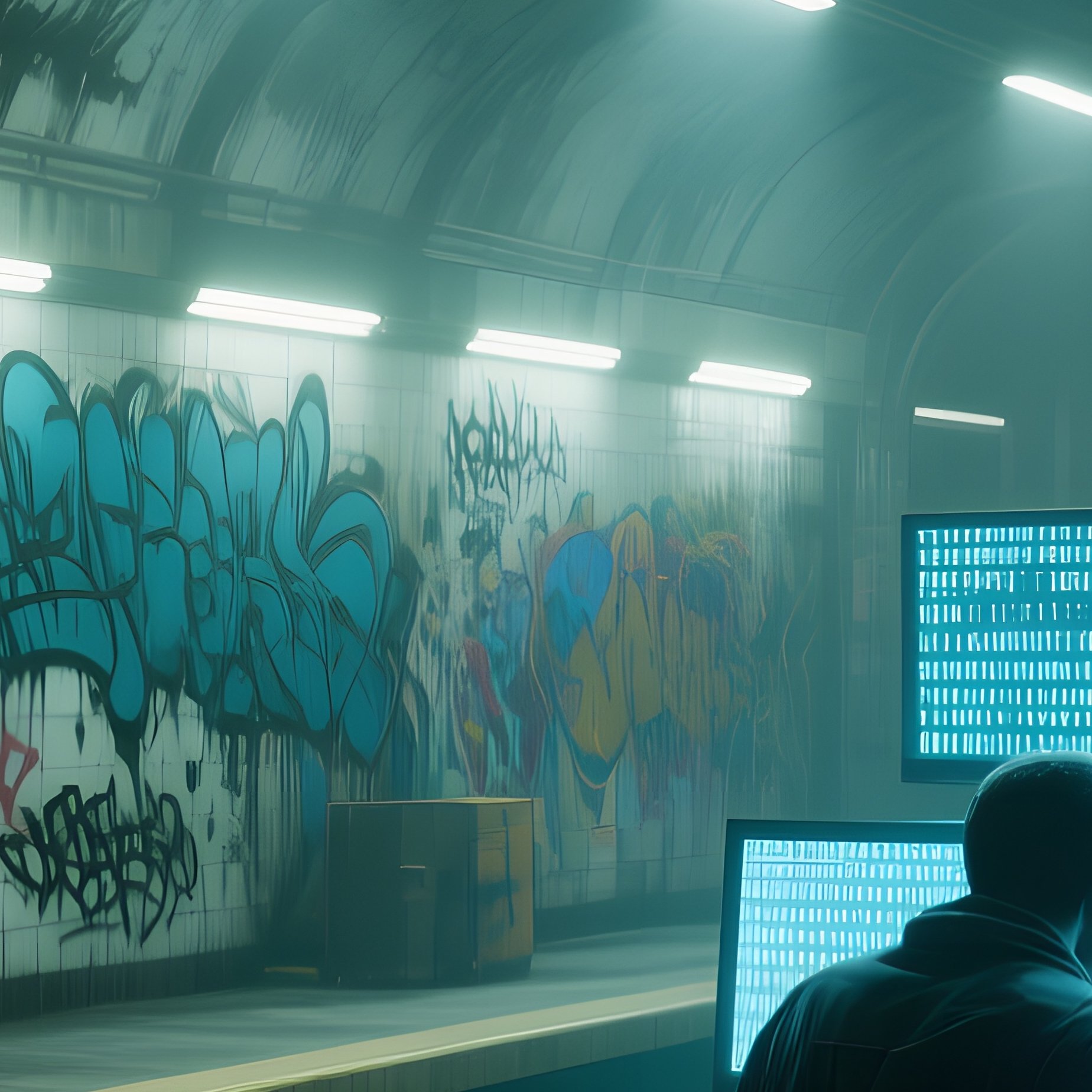 An Abandoned Subway Station Transformed Into An Underground Hack Haven, Graffiti Art Depicting - Full Resolution Quality Preview