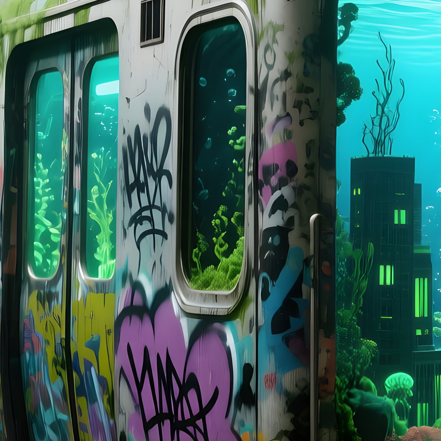 An Abandoned Subway Station Transformed Into An Art Installation, Where Graffiti Covered Train Cars - Full Resolution Quality Preview