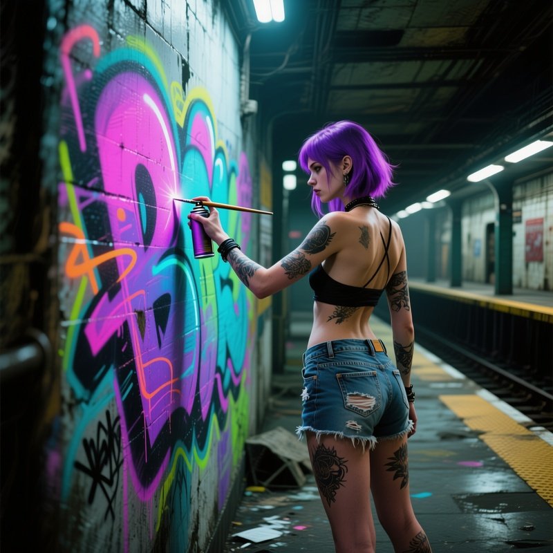 An Abandoned Subway Station Turned Art Installation, A Edgy Woman With Dyed Purple Hair