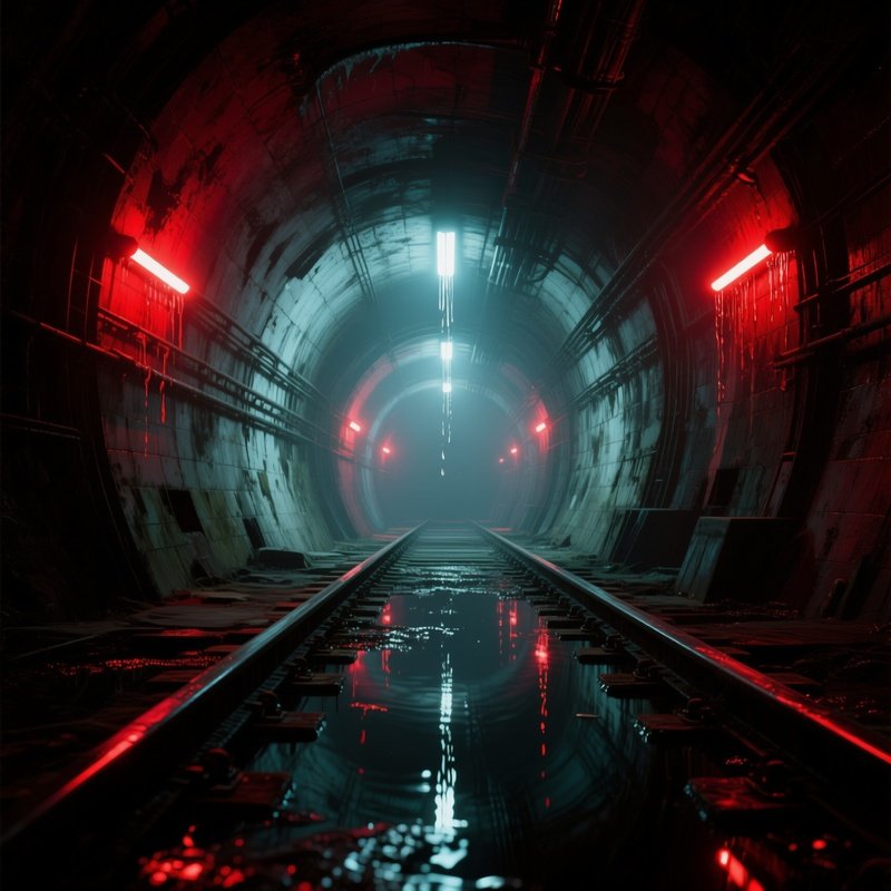 An Abandoned Subway Tunnel Lit By Emergency Red Strobes, Water Dripping Onto Tracks That Reflect