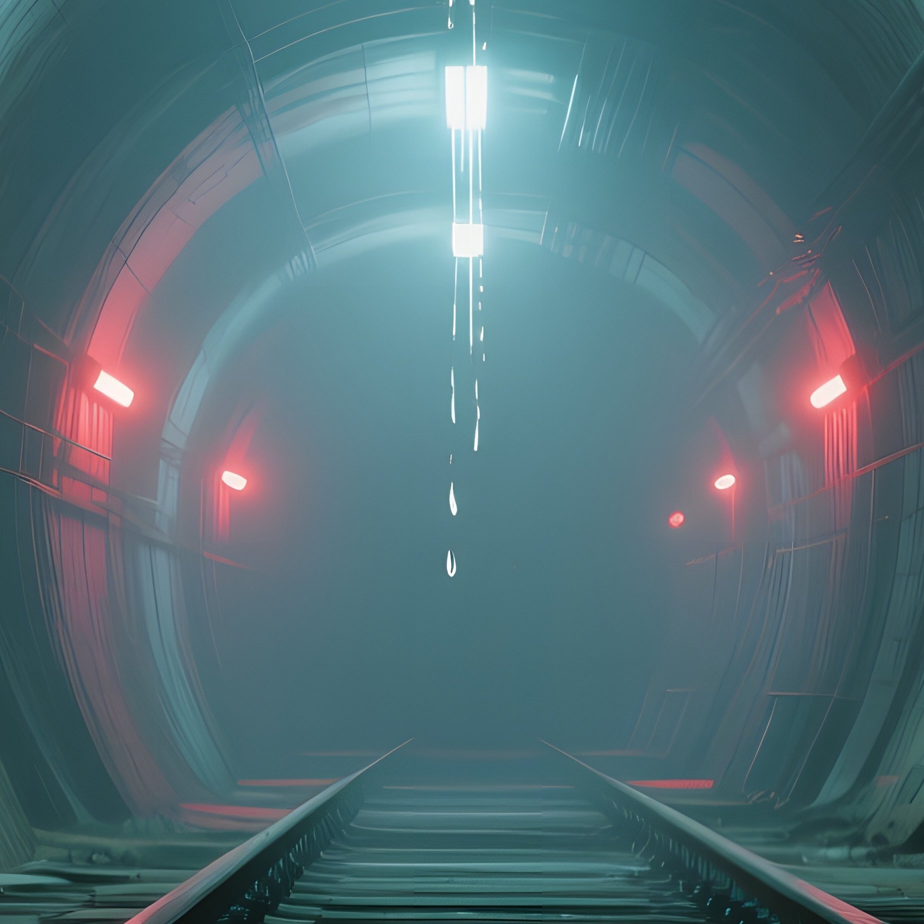 An Abandoned Subway Tunnel Lit By Emergency Red Strobes, Water Dripping Onto Tracks That Reflect - Full Resolution Quality Preview