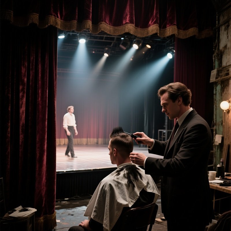 An Abandoned Theater Backstage With Velvet Curtains, Dim Spotlights; An Actor Receives A Quick Buzz