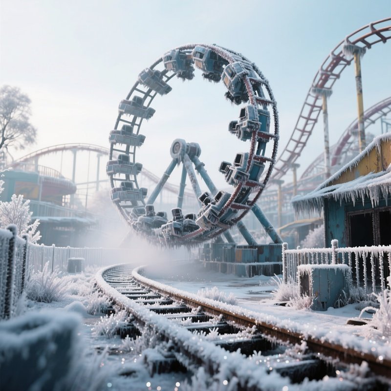An Abandoned Theme Park Ride Frozen Mid‑Motion, Its Tracks Covered In Shimmering Digital Frost