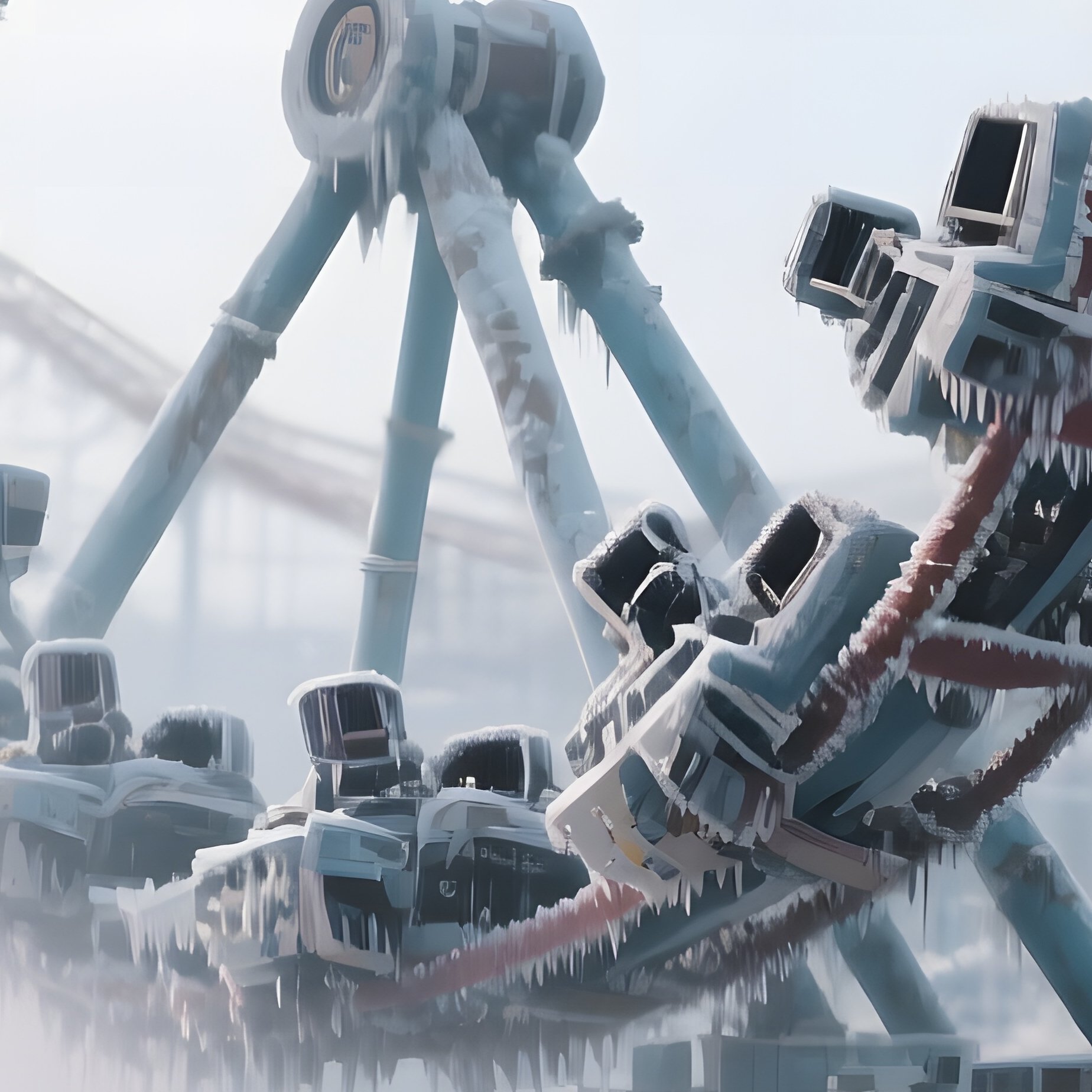 An Abandoned Theme Park Ride Frozen Mid‑Motion, Its Tracks Covered In Shimmering Digital Frost - Full Resolution Quality Preview