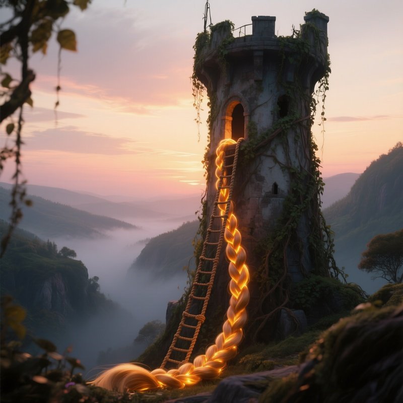An Abandoned Tower Shrouded In Vines At Sunset, Rapunzel’S Braid Glows Like Amber, A Rope Ladder