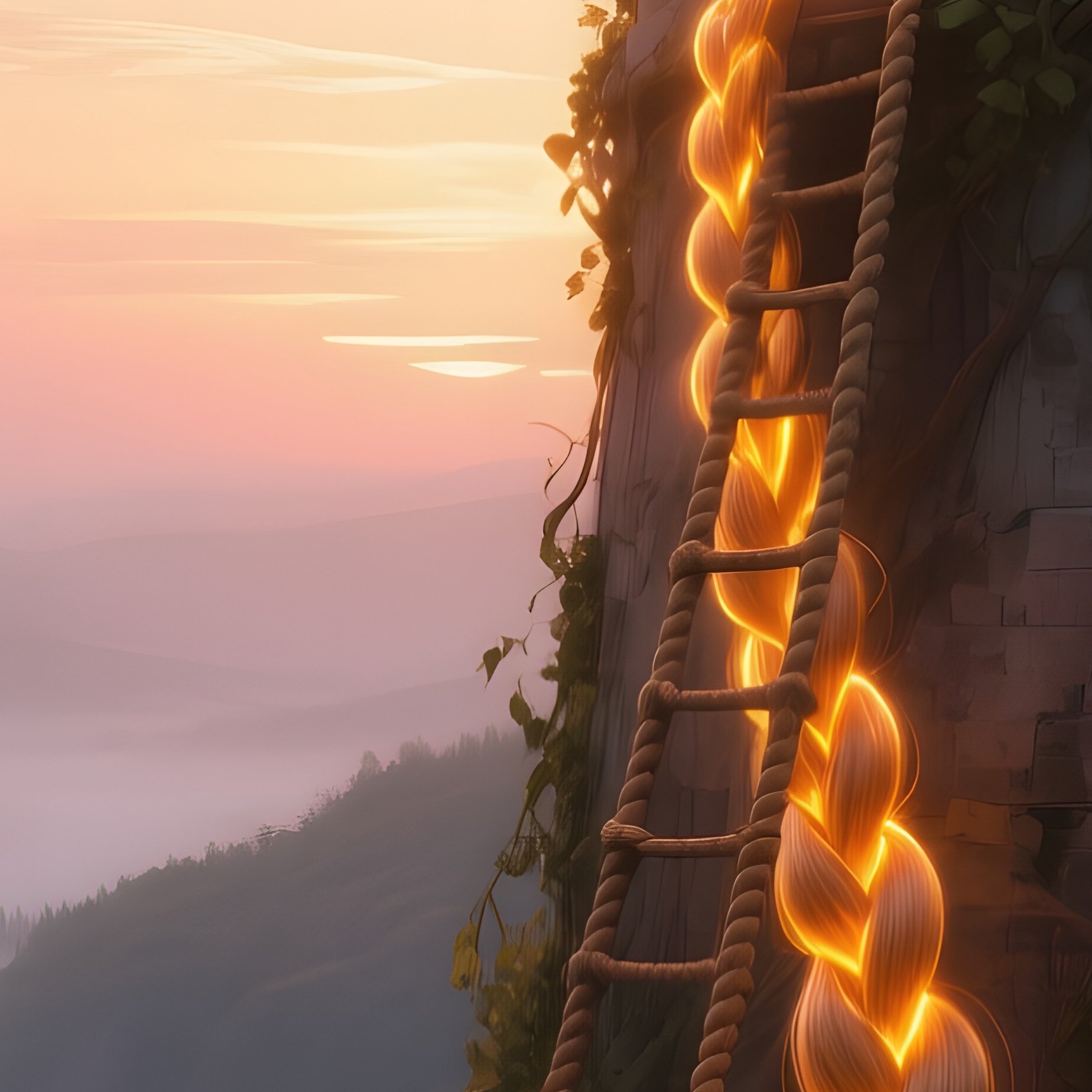An Abandoned Tower Shrouded In Vines At Sunset, Rapunzel’S Braid Glows Like Amber, A Rope Ladder - Full Resolution Quality Preview