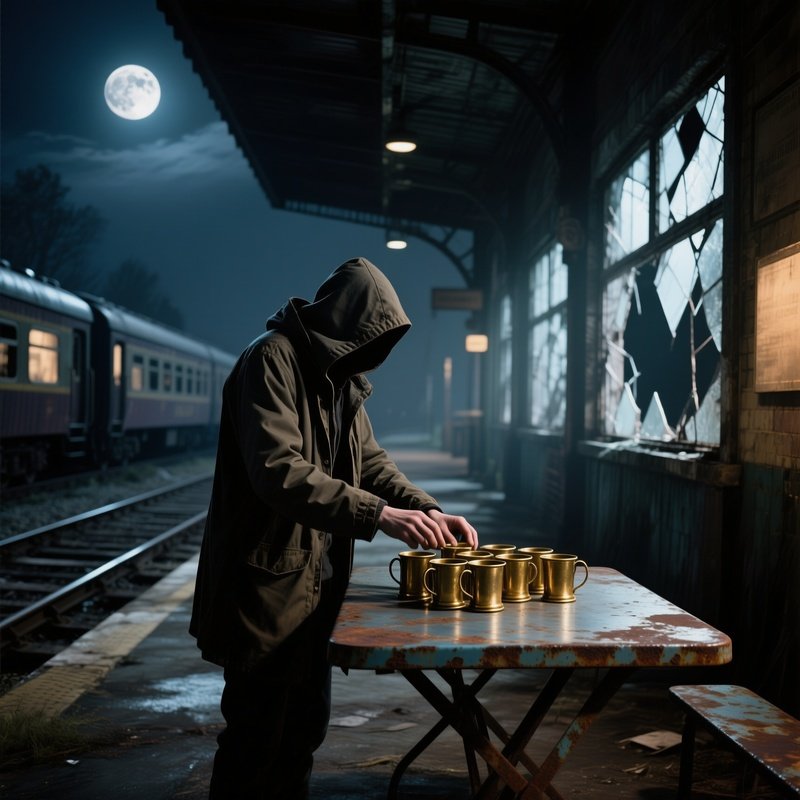 An Abandoned Train Station Platform At Night, A Lone Figure In A Hooded Jacket Manipulates A Set Of
