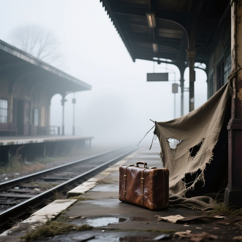 An Abandoned Train Station Platform Covered In Mist, A Solitary Leather Suitcase Lying Next To A