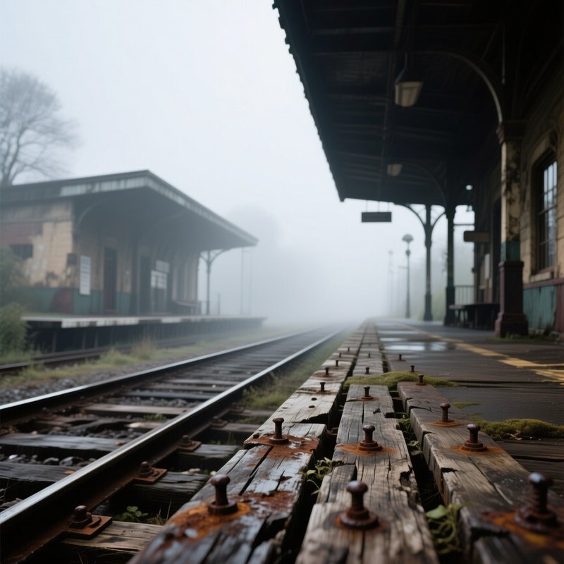 An Abandoned Train Station Platform Covered In Weathered Wooden Sleepers, Their Surfaces Scarred By