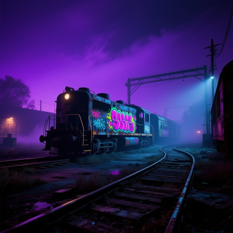 An Abandoned Train Yard At Night, Rusted Locomotives Silhouetted Against A Sky Of Deep Violet,