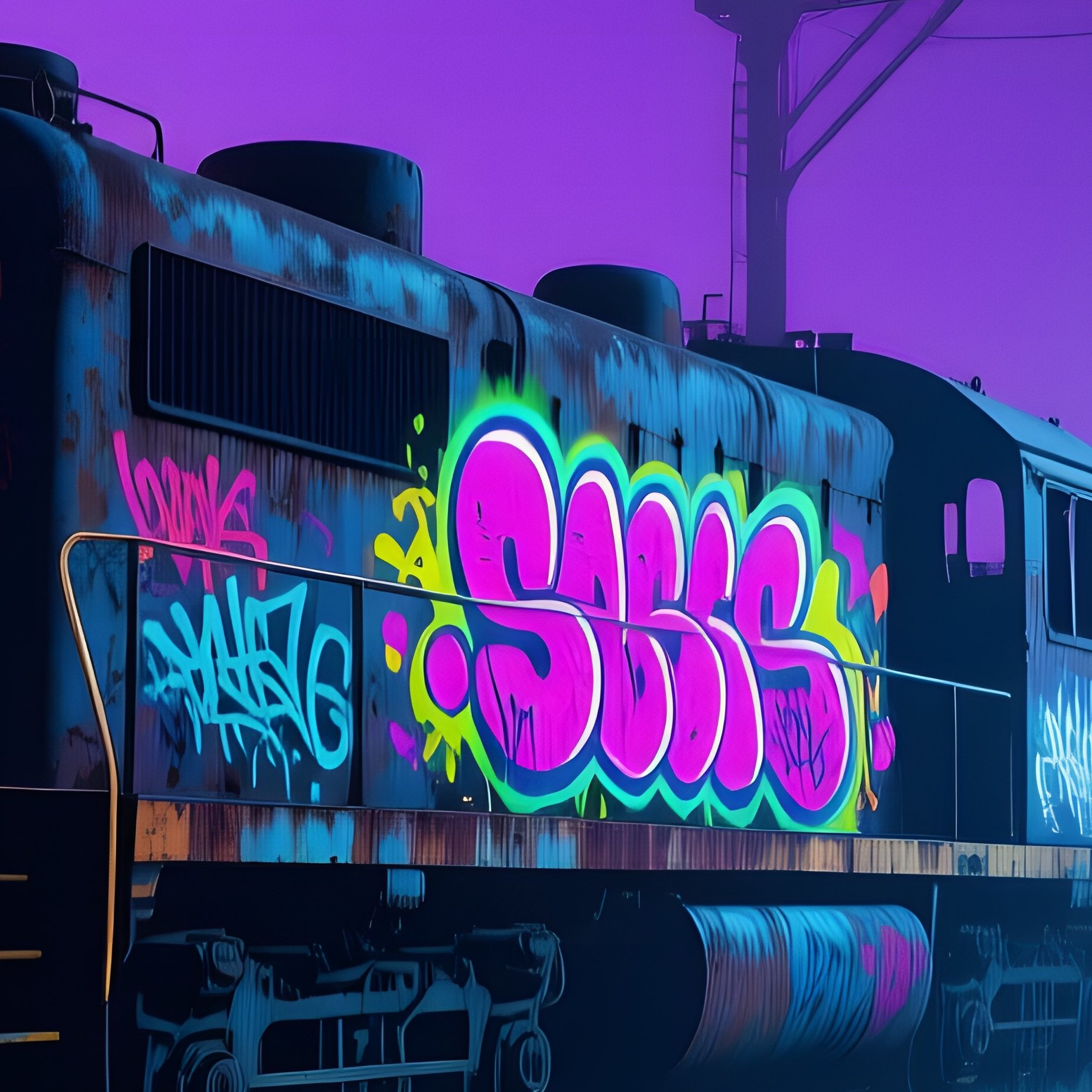 An Abandoned Train Yard At Night, Rusted Locomotives Silhouetted Against A Sky Of Deep Violet, - Full Resolution Quality Preview