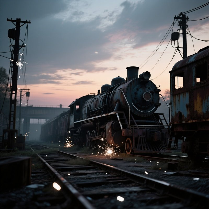 An Abandoned Train Yard At Twilight, Rusted Locomotives Silhouetted Against A Bruised Sky,