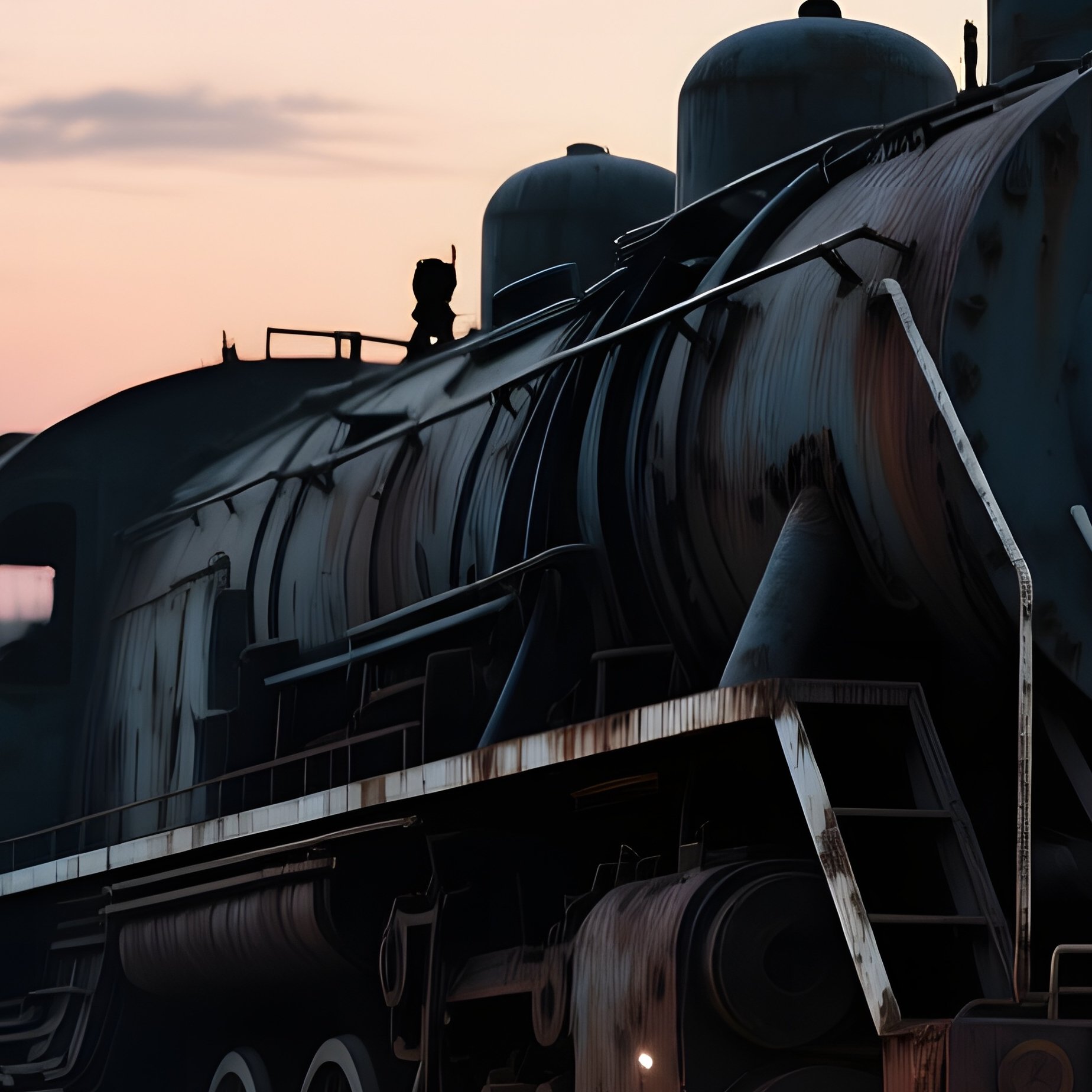 An Abandoned Train Yard At Twilight, Rusted Locomotives Silhouetted Against A Bruised Sky, - Full Resolution Quality Preview