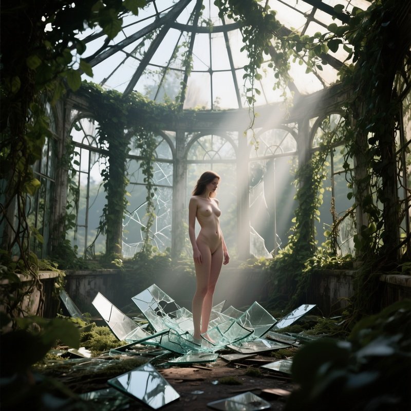 An Abandoned Victorian Greenhouse Overgrown With Vines, A Naked Woman Standing Among Broken Glass