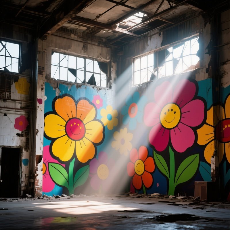 An Abandoned Warehouse Transformed Into An Art Installation, Walls Covered With Giant Pop‑Art