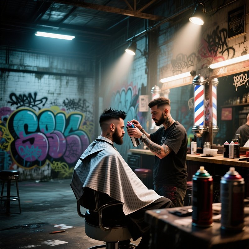 An Abandoned Warehouse Turned Pop‑Up Barbershop, Graffiti Walls Illuminated By Spotlights; A Street